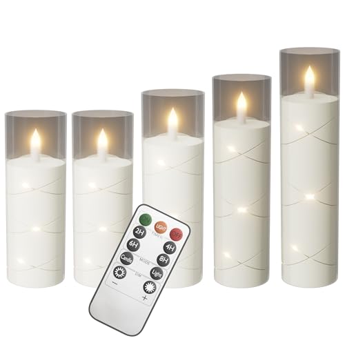XMTECH LED Kerzen 5er Set – Flammenlose Kerzen Ø5 cm x 14/14/16/18/20 cm mit Fernbedienung & Timer – Batteriebetrieben, Flackernd, Dekoration für Innen & Außen – Transparent