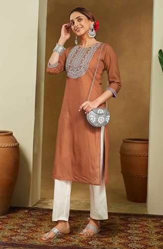 Image of Janasya Women's Rayon Embroidered Straight Kurta