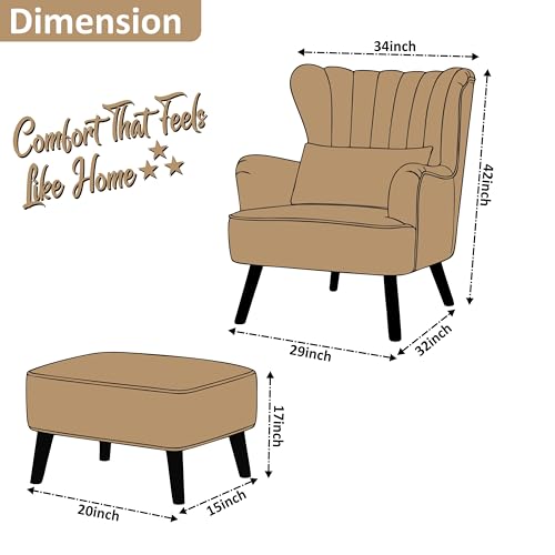 Image of Modern Velvet Wingback Accent Chair with Ottoman & Cushion for Living Room | Premium Upholstered Lounge Chair with Footrest |Golden