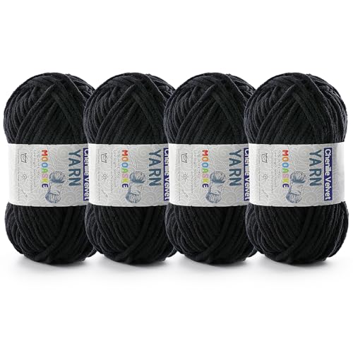 Image of 4 Pac Chenille Yarn for Crocheting - Blanket Yarn for Crocheting - Fluffy Yarn for Crochet, Baby Yarn for Crocheting Soft Blankets Weight Per Roll 50g /1.76oz, Length 60m /65yard (Black)