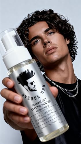 Image of Avenue Man Volume Lift Mousse - 5.07 oz Extreme Hold Hair Foam with Argan Oil, Silk Protein & Vitamin E for Strength, Thickness & Control - Styling Hair Mousse for Men - Alcohol & Paraben Free