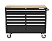Tool Storage 46 in. W x 18 in. D 9-Drawer Mobile Workbench Cabinet, Gloss Black, Steel Frame, Solid Wood Top, Power Strip with USB Ports