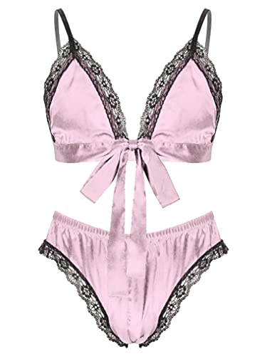 AGJGFM Men's Shiny Stain Lace Trim Cami Top with Shorts 2 Piece Set Sexy Lingerie Sissy Pajama Set