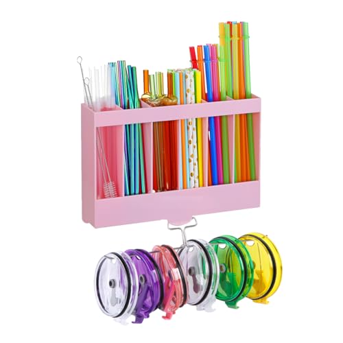 wuher 10''Straw Organizer for Cabinet Door with Tumbler Lid Organizer,Large Straw Holder with Washable Sticky Reusable Cup Lid Holder,Water Bottle Accessories Organizer for Kitchen (Pink)