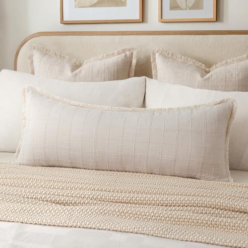 Image of Foindtower Set of 1 Decorative Linen Check Fringe Throw Pillow Cover Cozy Farmhouse Body Cushion Cover Modern Boho Home Decor for Sofa Chair Couch Bedroom Living Room Outdoor,14x36 Inch,Natural Beige