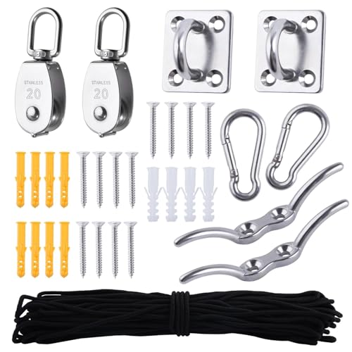 LEONTOOL Kit Poulie Simple en Acier Inoxydable 304 M20 – 9 Pièces avec Cordage Nylon, Plaque Œillet et Taquet – Système de Levage et Suspension Robustepour Garage, Bricolage et Hanging