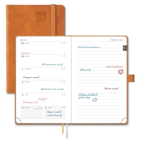 POPRUN 2026-2027 Pocket Planner (Size 4''x 6.25'') Weekly and Monthly Academic Calendar (JUL.26 - JUN.27) with Note Page and Monthly Tabs, Inner Pocket, Leather Soft Cover, 100 GSM - Brown