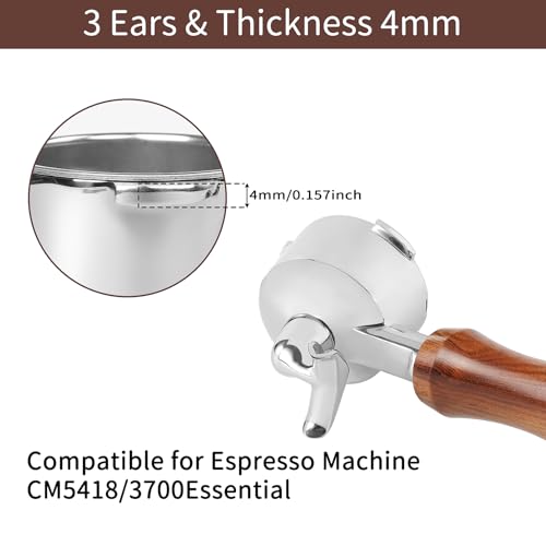 Image of 51mm Full Stainless Steel Portafilter for CASABREWS CM5418 & 3700Essential, 4 mm Thick 3-Ear Design, with Portafilter Basket Removal Tool, Wooden Handle, Compatible for De'Longhi EM450M