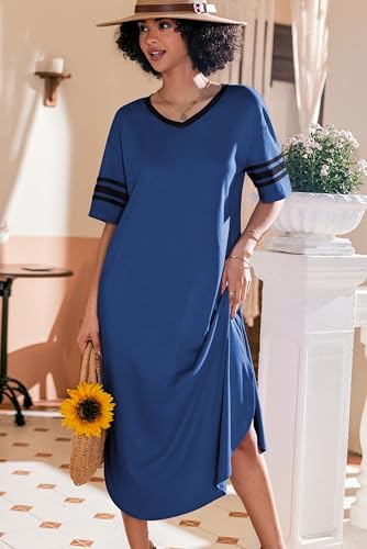 Image of Ekouaer Long Nightgown, Womens V Neck Loungewear Oversized Sleepwear Loose Sleep Dress S-4XL