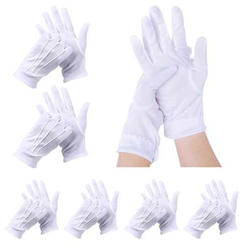 6 Pares Guantes de Tiro Blancos, Guantes Blancos Algodon Finos y Cosidos, para Hombre y Mujer, con Cierre a Presión, para Etiqueta, Esmóquines Formales, Uniformes Ceremoniales, Joyería, Unisex