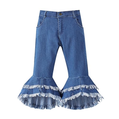 Girls Jeans Comfort Stretch Jeggings Bell Bottom Flared Pants Many Storey Retro Style Denim Pants with Pocket