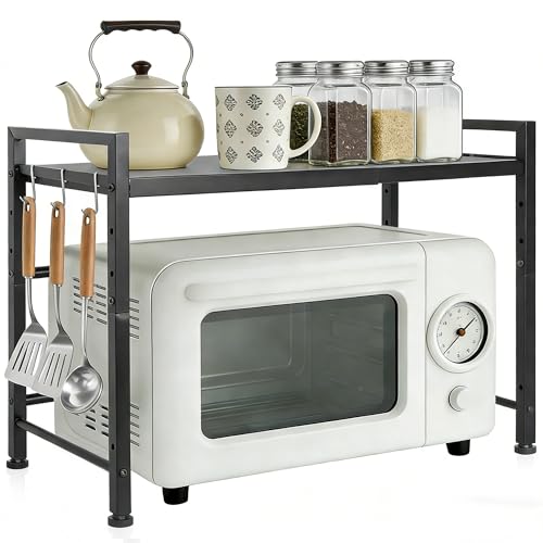 FREEAMG 2-Tier Adjustable Microwave Oven Rack - Space-Saving Kitchen Organiser with Hooks & Non-Slip Pads, Carbon Steel Storage for Pots, Pans & Spices, Black