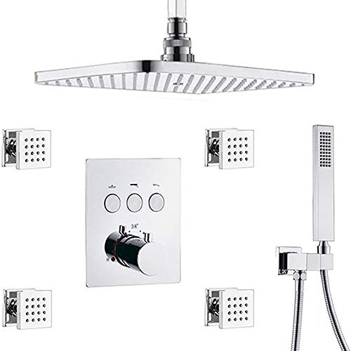 AYIVG Thermostatic Ceiling Shower Faucet System Rectangular 12 x 8 Inch With Body Jet Set, Shower Head Can Use Together At The Same Time (Chrome)