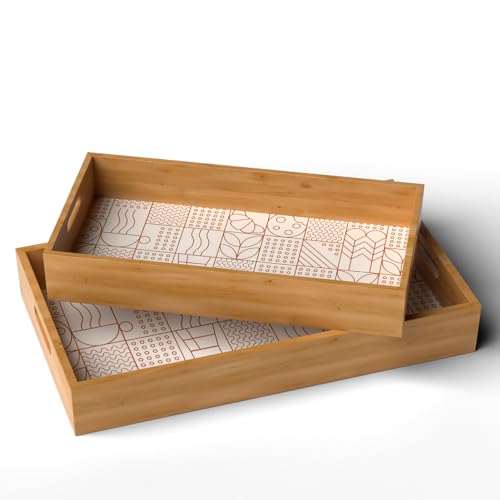 Image of Lifelong Set of 2 Premium Handcrafted Wooden Tray for Serving(16x10,14x8 inch) Tray Set for Decoration | Kitchen & Dining Tray | Premium MDF | Large, Medium, Small Multipurpose Tray | Enamel Coated