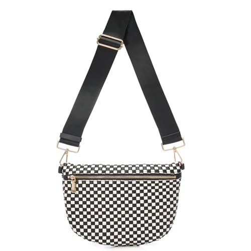 Image of Woven Crossbody Bags For Women, Checkered PU Waist Pack Travel Sling Bag | Adjustable Strap for Travel, Festivals, Beach Vacations, Dating & Daily Shopping(Black Checkered)