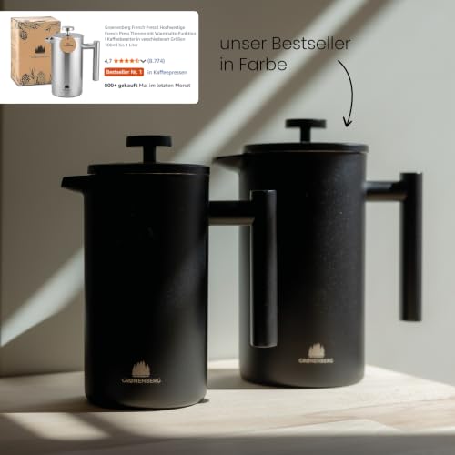 Groenenberg French Press Black 600 ml o. 1 Liter I Hochwertige Kaffeepresse mit Thermo Warmhalte-Funktion I Edelstahl Kaffeebereiter – Ansicht 2