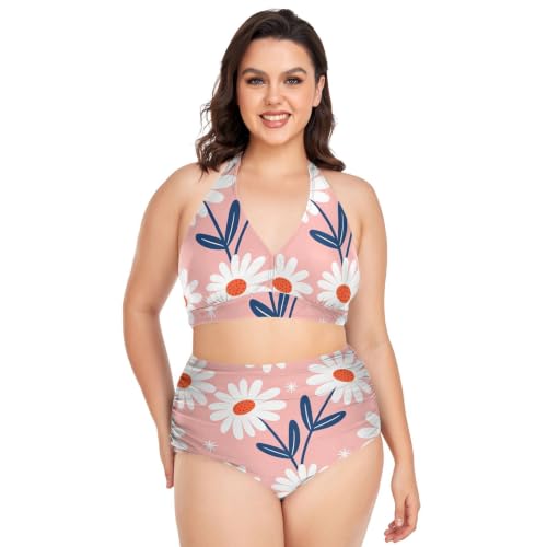 Maillot de bain 2 pièces taille haute rose à motif marguerite réglable pour femme