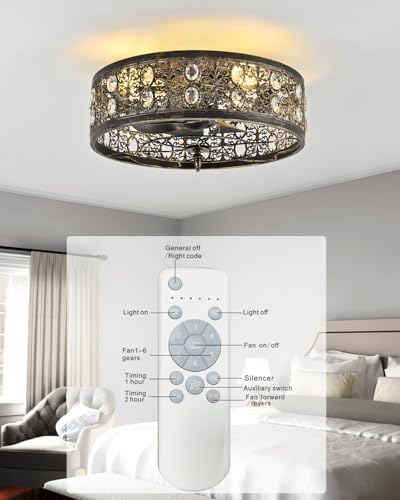 Rjieoc Vintage Crystal Ceiling Fan with Light, Farmhouse Caged Fandelier with Remote Control, Industrial Flush Mount Ceiling Fan Light for Bedroom Living Room Dining Room Kitchen - image 6