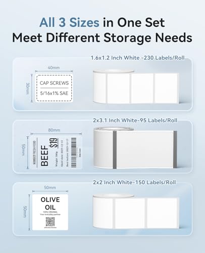 Image of NIIMBOT 3 Rolls Labels, 40x30mm White / 50x80mm Clear / 50x50mm White, Compatible with B1 B21 B21 Pro Label Maker, for Price,Jar, Address, Name, Tool Oragnization
