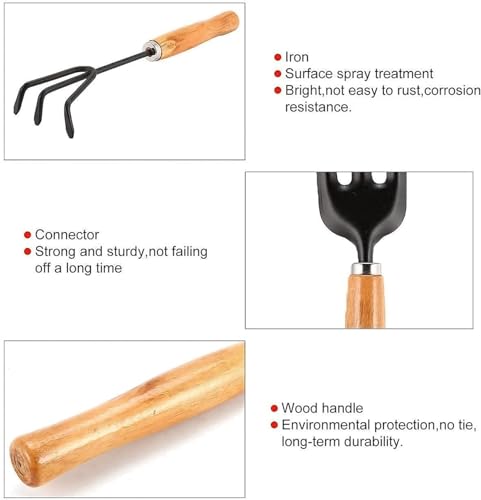 Image of GLUN Gardening Hand Tools, Wooden Handle with 3 Different Tools Metal Hand Cultivator, Transplanter and Hand Fork for Home Gardening