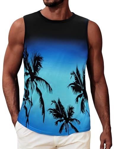 Lonya Tank Top Herren Ärmellose T Shirt Sport Muskelshirt Palme Printed Sommer Unterhemd Hawaii Beach Urlaub Lässig Leichtes Lockeres Top, Blau-Schwarz, XXL