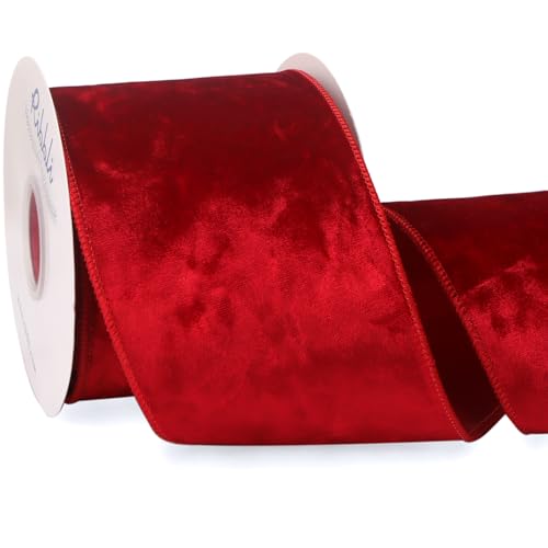 Image of Ribbli Red Velvet Wired Ribbon 4 Inch Metallic Red Gold Crushed Velvet Christmas Ribbon for Gift Wrapping Christmas Tree Decoration Crafts Wreaths Supplies-Continuous 10 Yards