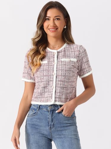 Image of Allegra K Short Sleeve Tweed Jacket for Women Summer Crew Neck Button Front Cropped Cardigan