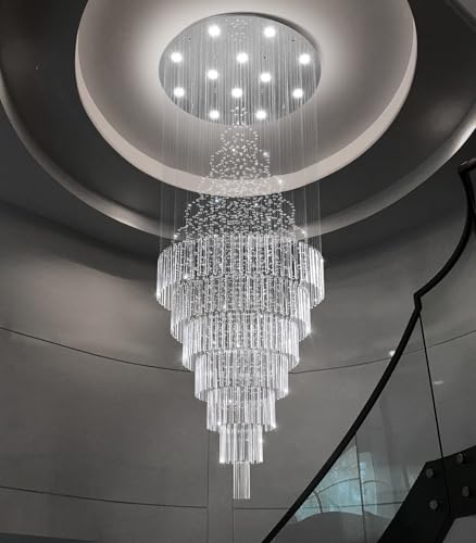 HAIXIANG W32 x H120 Glam Chandelier with LED Bulbs Crystal Raindrop High Ceiling Pendant Light for Entrance Large Villa Chandelier Foyer Lighting Fixtures Silver — view 3