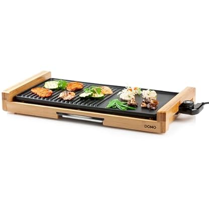 DOMO DO8311TP Electric Grill Plate Bamboo - Integrierte Fettauffangschale - 60 cm Abnehmbare Grillplatte - 2200 W