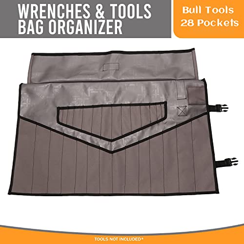 Bull Tools 28 Pockets | Hand Crafted | Heavy Weight Water Proof | 18 Oz. Ballistic Polyester Oxford Canvas | Garage Ready | Metric & Sae | Wrenches And Tools Bag Organizer Roll Up Pouch | Grey | #TOP1