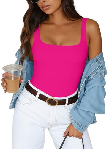 MISSJOY Women's Square Neck Double Lined Slim Fit Stretchy Seamless Thong Compression Bodysuit Pink M