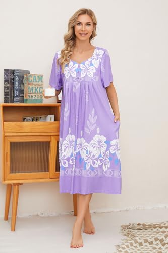 Image of House Dresses for Women with Pockets Mumu Dresses Short Sleeve Moo Moos for Women Nightgown Duster Lounge Dress S-3XL
