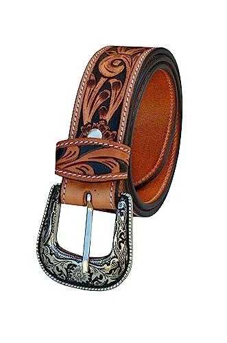 Western Leather Belt Tooled Floral Casual Jeans Belt With Removeable Buckle 30AB1063