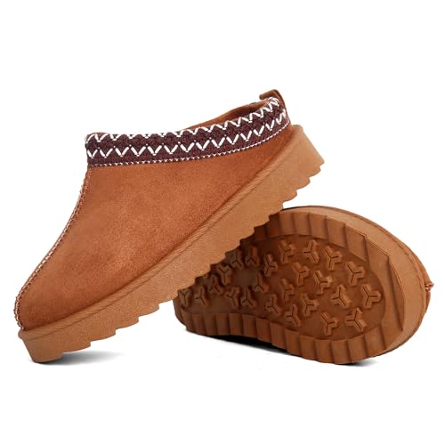 Kids Cosy Faux Suede Mule Slippers Slip-On House Shoes for Boys and Girls with Embroidered Trim & Anti-Slip Sole (CAMEL One Size Little Kid 13 Numeric UK Footwear Size System Medium)