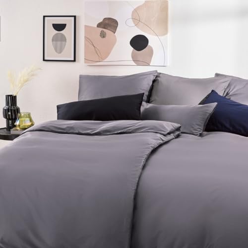 Blumtal Mako Satin Bettwäsche 135x200 Anthrazit - Bettdeckenbezug mit frei wählbaren Kissenbezug - individuell anpassbares Bettwäsche-Set aus 100%...
