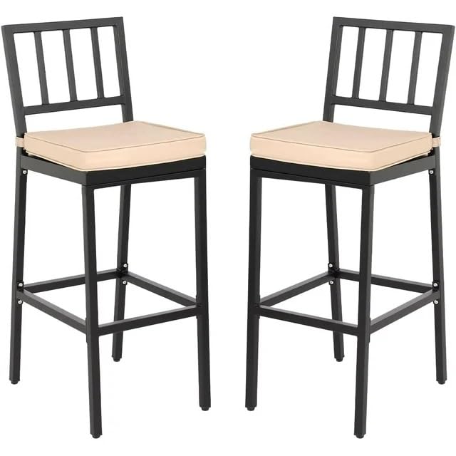 Sumshadow Set of 2 Pack Metal Dining Bar Stools, Outdoor Bar Height Stool with High Back & Cushions,Heavy-Duty Metal Frame, 29" Barstools for Backyard
