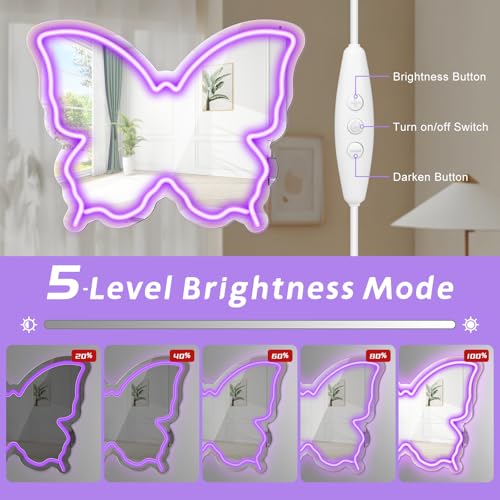 Image of Butterfly Neon Sign Mirror, LED Neon Signs for Wall Decor, 15.7'' x 12'' Dimmable Neon Light for Teen Girls & Kids Birthday Party Gift, Neon Sign for Bedroom Decor, Wall Mirror, USB Powered (Purple)