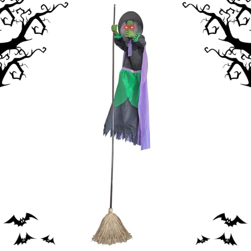 Sorcière sur balai Halloween 3m avec décoration lumineuse et animation sonore jardin