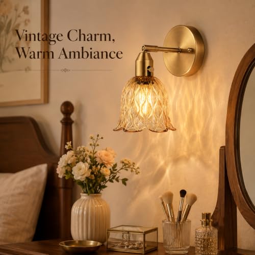Image of Vintage Gold Wall Sconces - Hardwired Wall Mounted Light Fixtures with Clear Green Tulip Glass Lampshade, 2 Usage Methods Wall Light fixtures for Bedside Bedroom Living Room Wall Decor