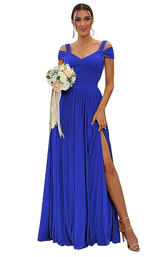 Image of SOLODISH Off The Shoulder Bridesmaid Dresses Long Chiffon Formal Evening Dresses for Women