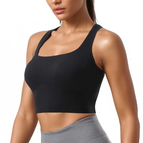 SPORME RUNNING Women Square Neckline Sports Bra Padded Basic Workout Y-Back Racerback Cropped Tank Top (Black)