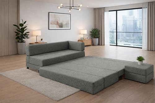 Image of Leg Sofa Cum Bed with Ottoman | Jute Fabric | Multipurpose Folding 3 Seater Sofa Bed 5x6 Ft for Living Room | Space Saving Furniture | Modern Design - Grey
