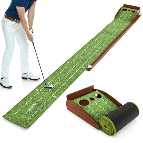 GOPLUS Alfombra de Putting para Golf, Juego de Mini Golf para Interior y Exterior con 1/2/3 Orificios, Retorno Automático, 3 Pelotas, Pista Magnética, Línea de Guía y Escala, para Hogar y Oficina