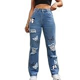 Womens Baggy Ripped Jeans High Waist Butterfly Distressed Straight Leg Jeans Teen Girls Cut Out Boyfriend Denim Pants Light Blue