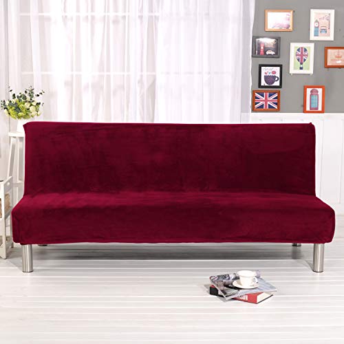 19V78 Stretch Armless Sofa Bed Cover Luxury Velvet Futon Slipcover Wine Red Full Size Armless Couch Cover With Elastic Bottom For Kids Burgundy #TOP17