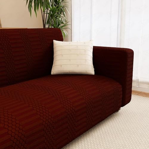 Image of Lukzer 2 Seater Pastel Deep Maroon Dotted Stripe Pattern Sofa Cover | 240 GSM Universal Stretch Fit Jacquard Fabric Couch Protector | Fully Covered Anti Slip & Washable Sofa Cover SC-132-02 /140-180cm