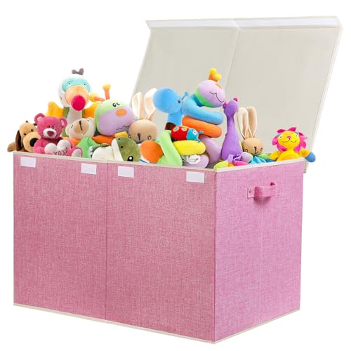 122L Large Toy Box Chest with Lid, Foldable Organizer (26" x 17" x 17"), Linen Pink