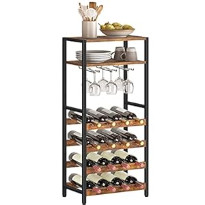 HOOBRO Wine Racks, Wine Holder Display Storage Shelves, Wooden Wine Shelf, 16 Bottle Wine Storage Rack with Glass Holder, Bar Shelves, Tall, Industrial, for Kitchen, Cellar, Rustic Brown EBF04JJ01