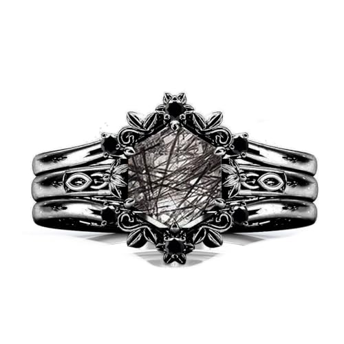 Natural Hexagon Black Rutilated Quartz Engagement Ring Set 925 Sterling Silver Rings for Her with Free Engraving Jewelry Gift for Women Black Rutilated Quartz Vintage Ring Set Size 4-15 -8
