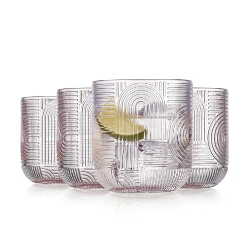 Glaver's Whiskey Glasses Set of 4 Double Old Fashioned 13 oz. Rock Glases, Pink Embossed Art Deco New Designed, Modern Vintage Drinking Glassware For Home Bar Whisky Bourbon Scotch